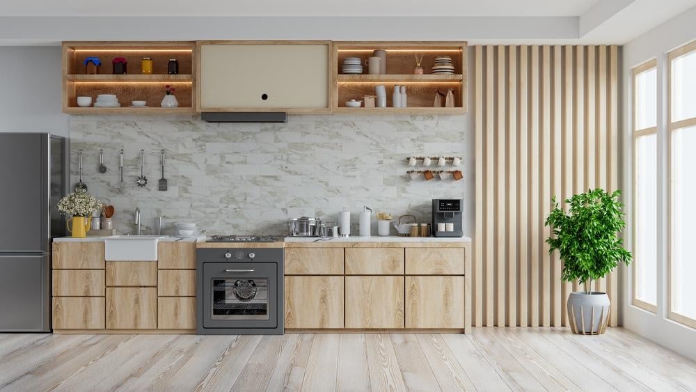 light wooden handleless kitchen cabinets with high open shelves