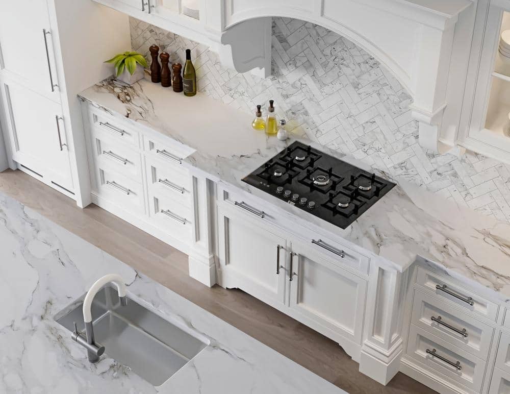 classic white kitchen cabinets and drawers with marble counter island