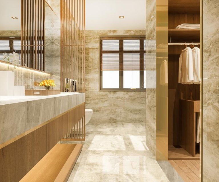 marble tile bathroom with marble counter and led lighted sink