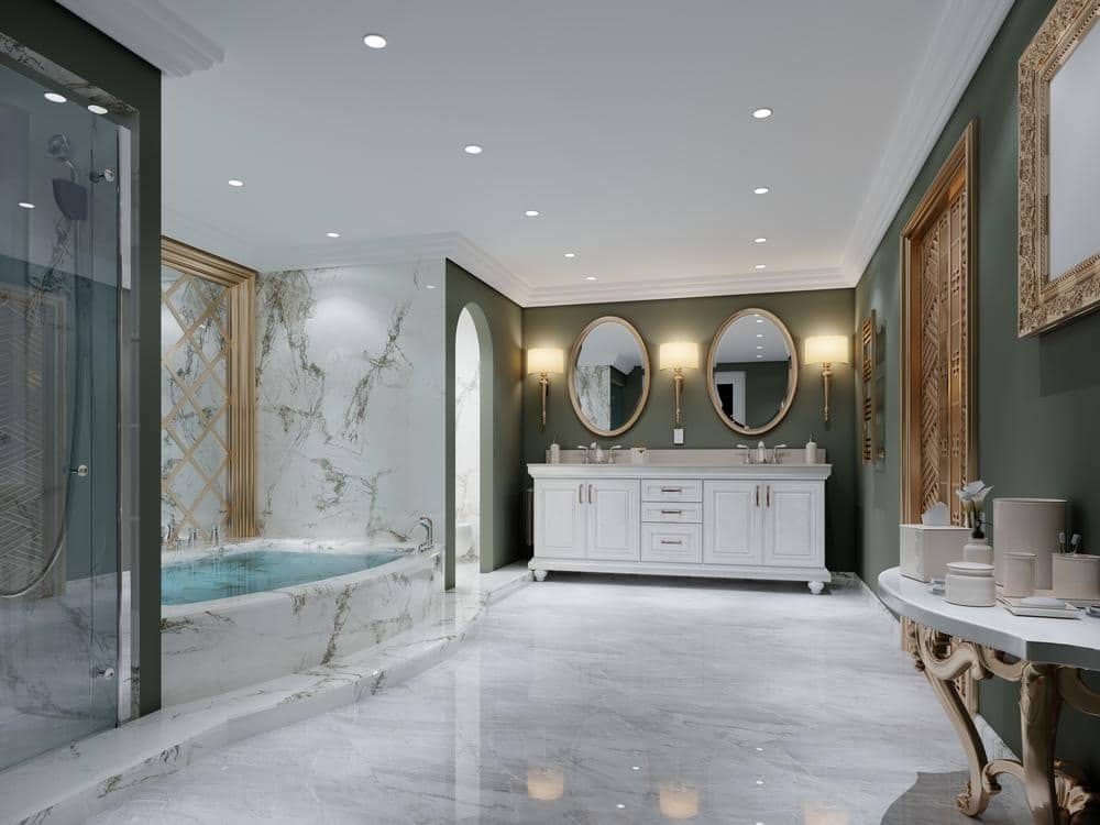 large bathroom with marble flooring and a jacuzzi 