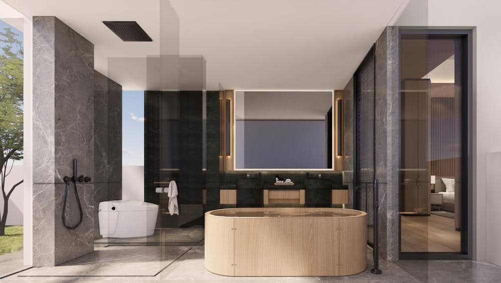 large luxury bathroom with wooden framed tub and wall hung toilet