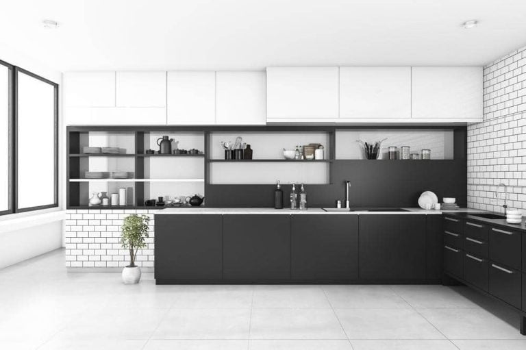 Blog 18 kitchen with black and white cabinets and open shelves