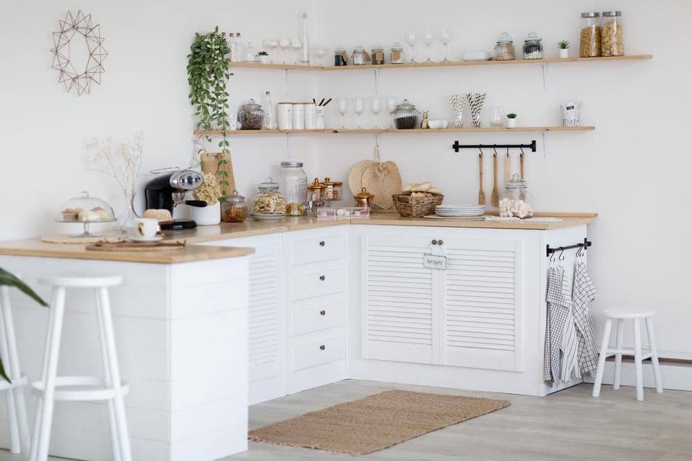white modern farmhouse kitchen ideas with stool and cabinets