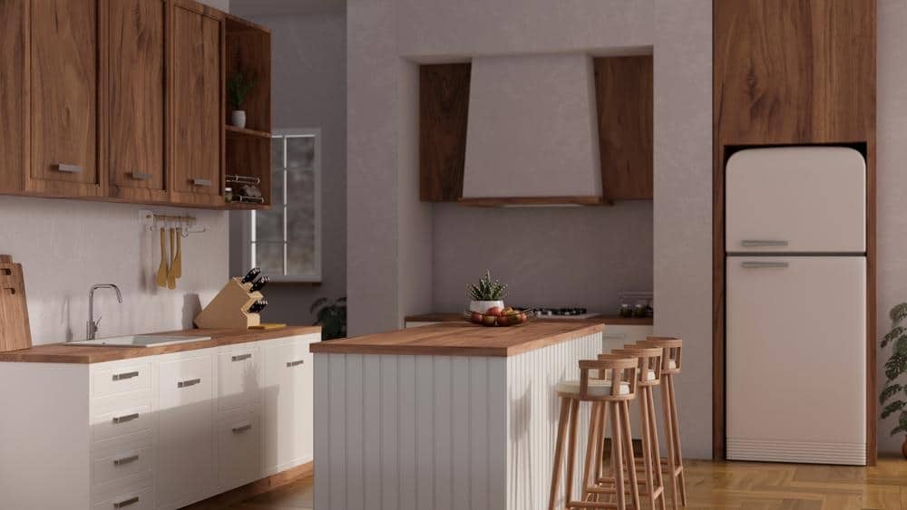 modern and traditional farmhouse kitchen with old fridge