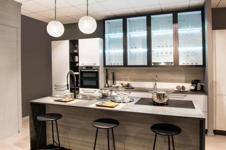 Blog 16 kitchen with glass door cabinets and marble counter island