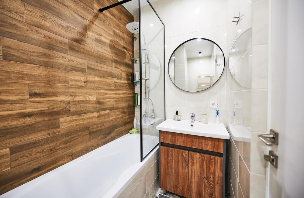 small wooden wall bathroom with vanity