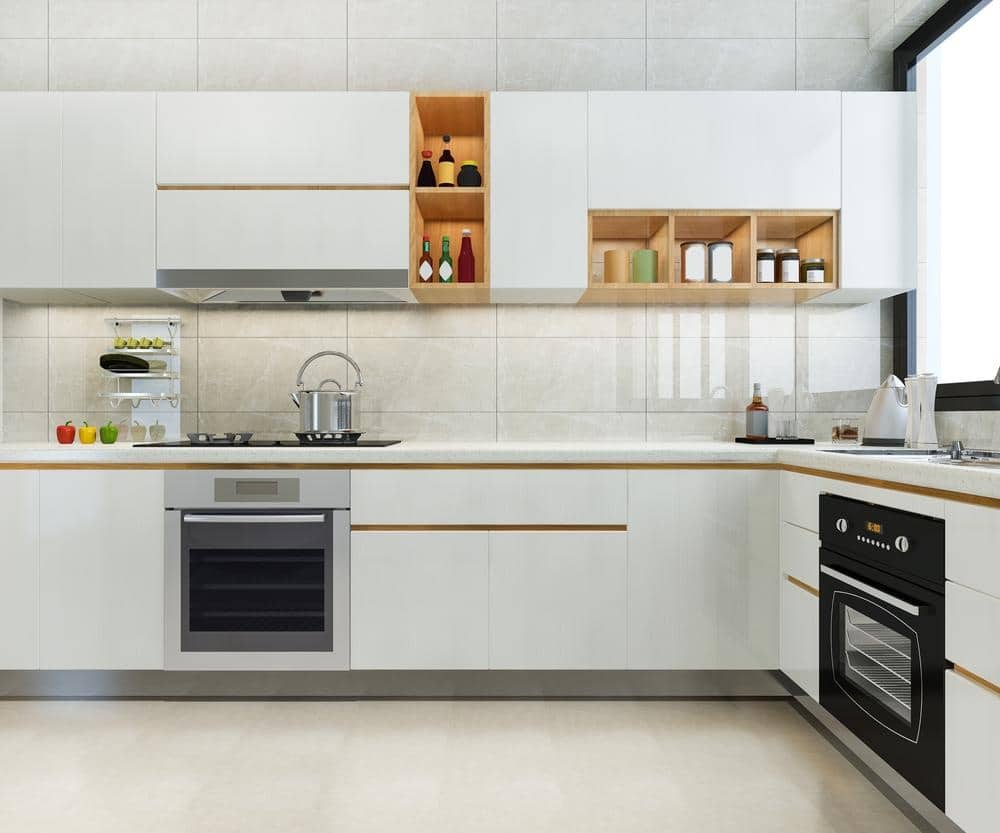 white kitchen with white cabinets, modern kitchen appliances