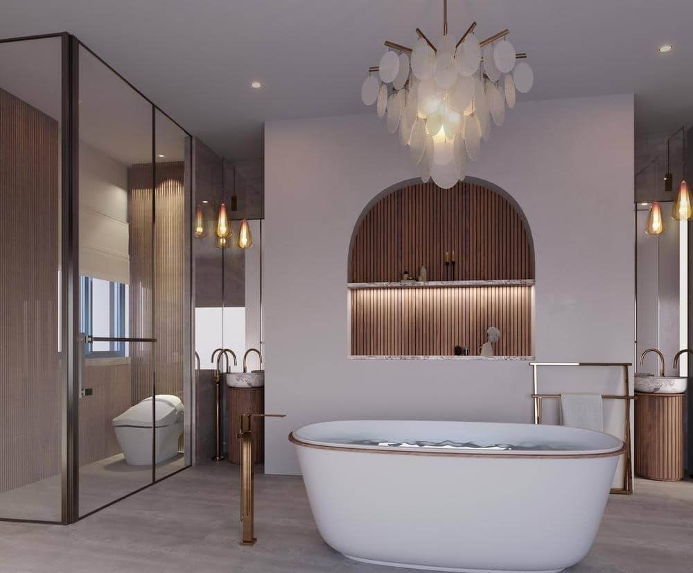 luxury classic bathroom with a chandelier and a bathtub