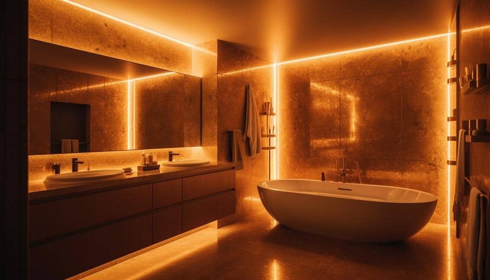 warm lighted bathroom with hot tub