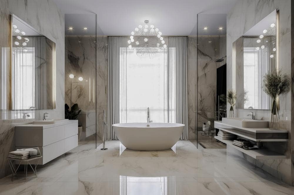 luxury marble floor bathroom with a chandelier over the bathtub