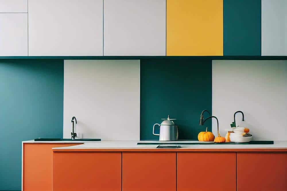 bright colored kitchen cabinets with white counter