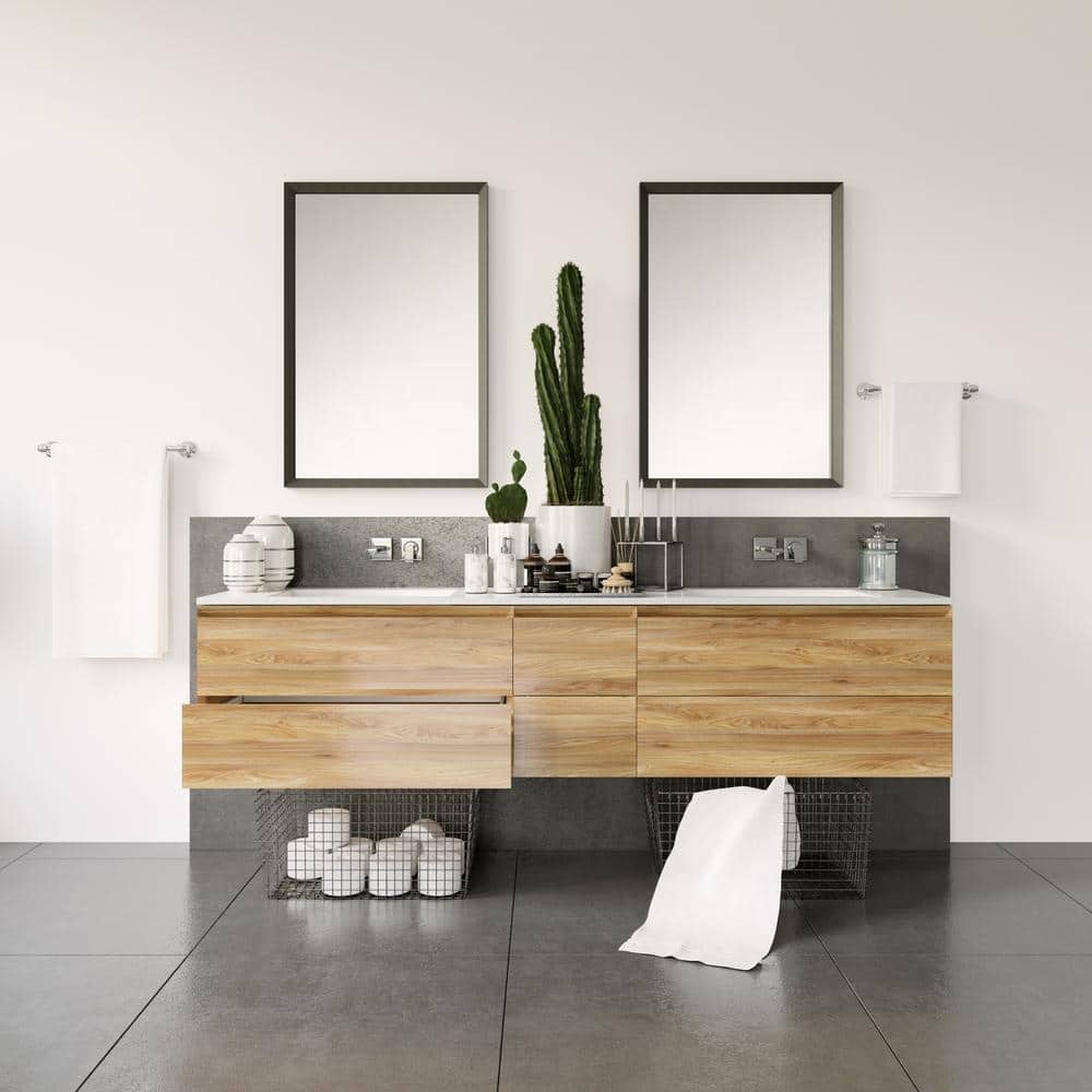 double mirror vanity with wooden cabinets