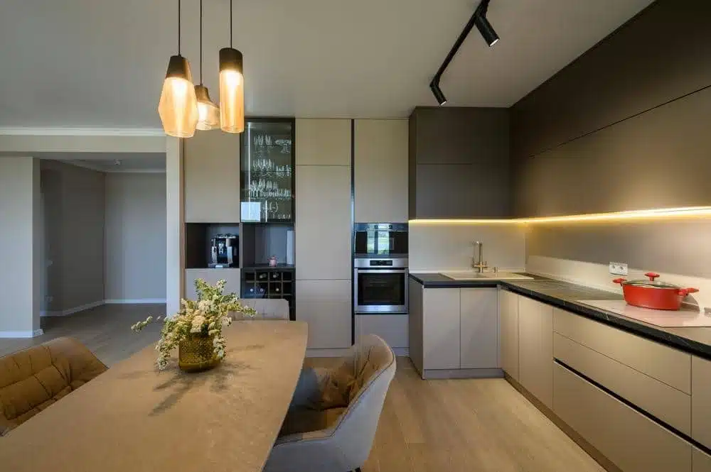 modern kitchen with its counter lighted by led lights