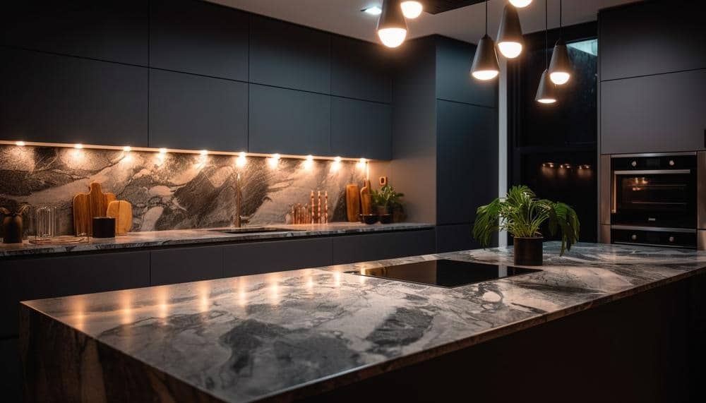 dark and marble counter kitchen with pendant light over the island