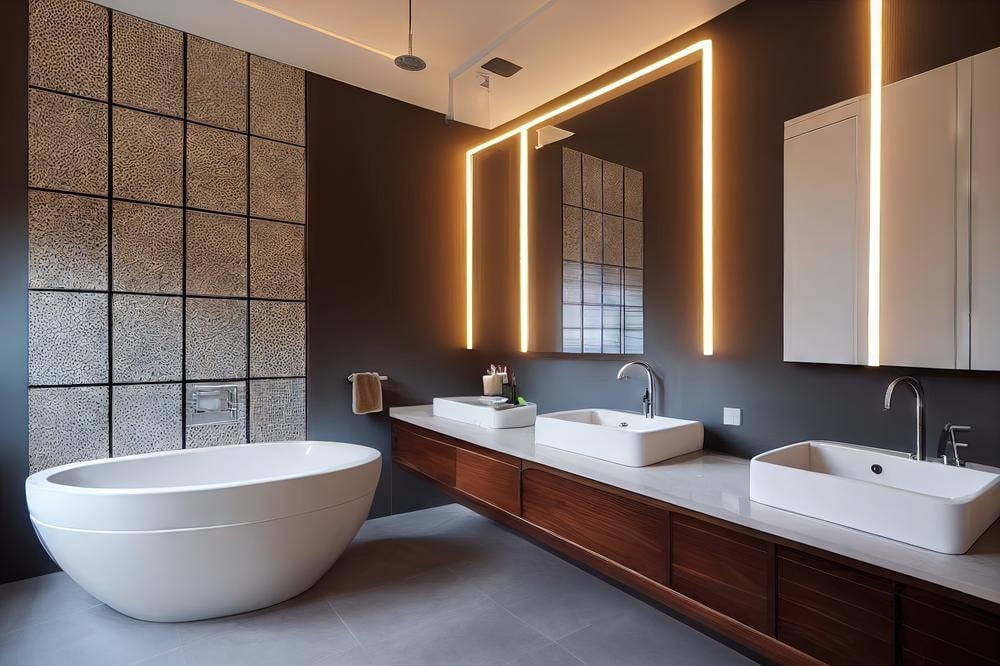 bathroom with double sinks and a bathtub next to lighted mirror