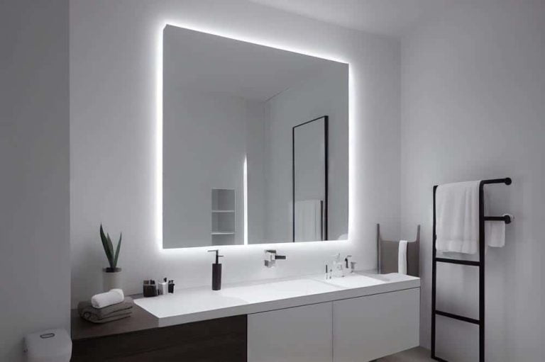 bathroom sink with lighted mirror