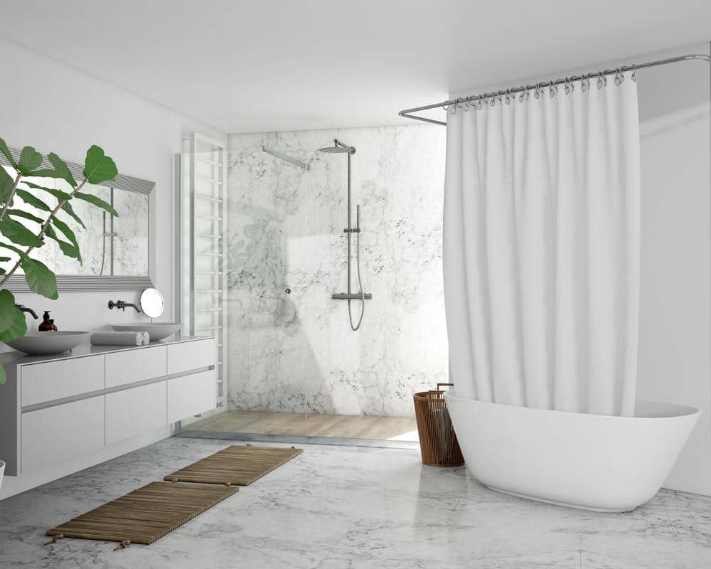 modern white luxury bathroom with a bathtub and vanity