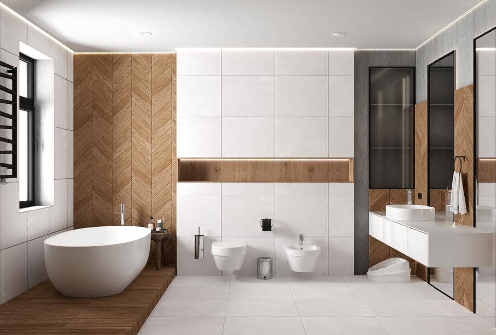 modern bathroom with white and wood looking tiles