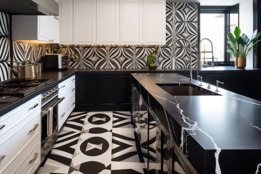 kitchen with black and white pattern backsplash and an island