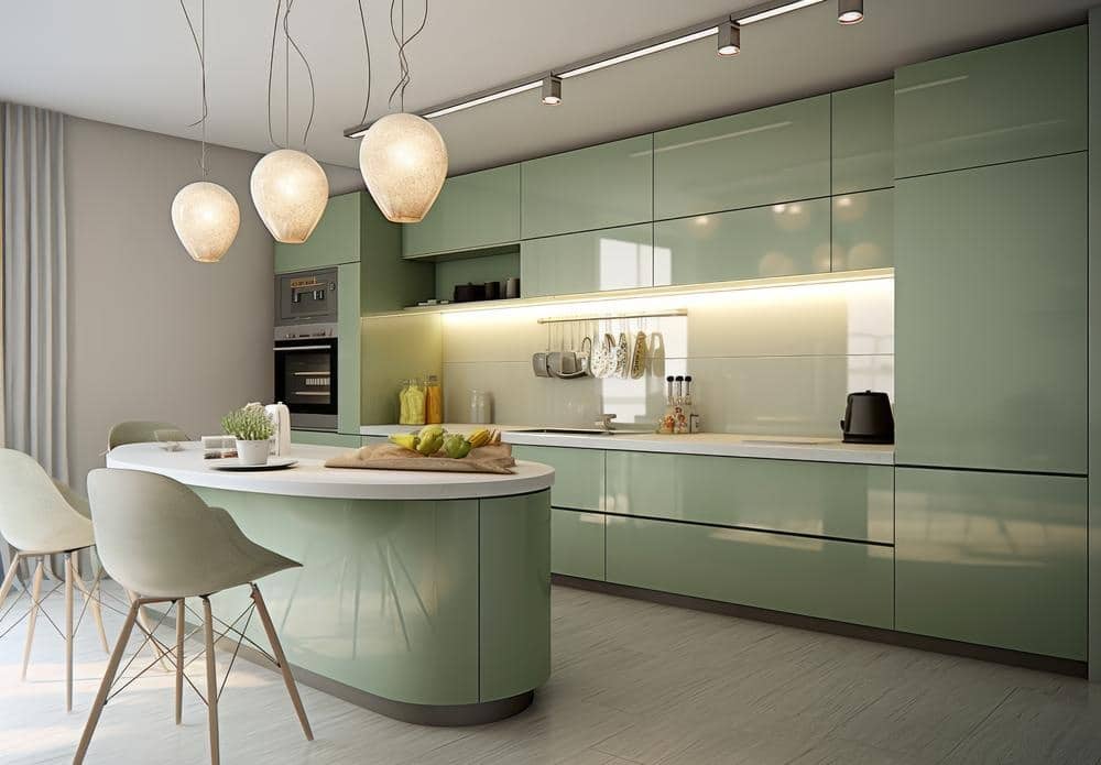 light green kitchen with island lighting
