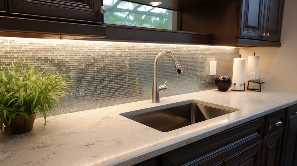 modern kitchen counter with reflecting backsplash