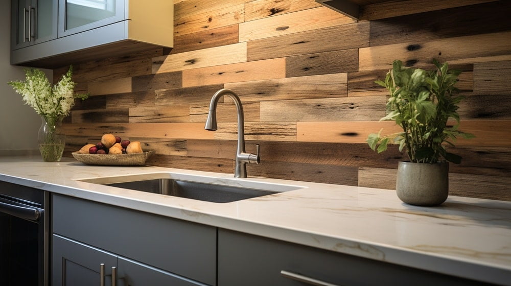 kitchen counter with wooden backsplash