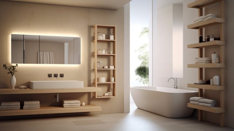 modern bathroom with led lighted mirror above the vanity and wooden shelves