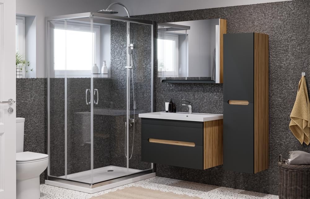 glass shower bathroom dark color design with hanging cabinets and vanity