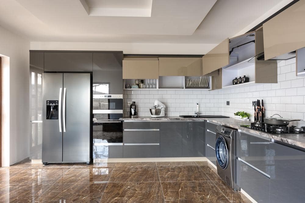 luxury modern beige kitchen with marble shiny flooring
