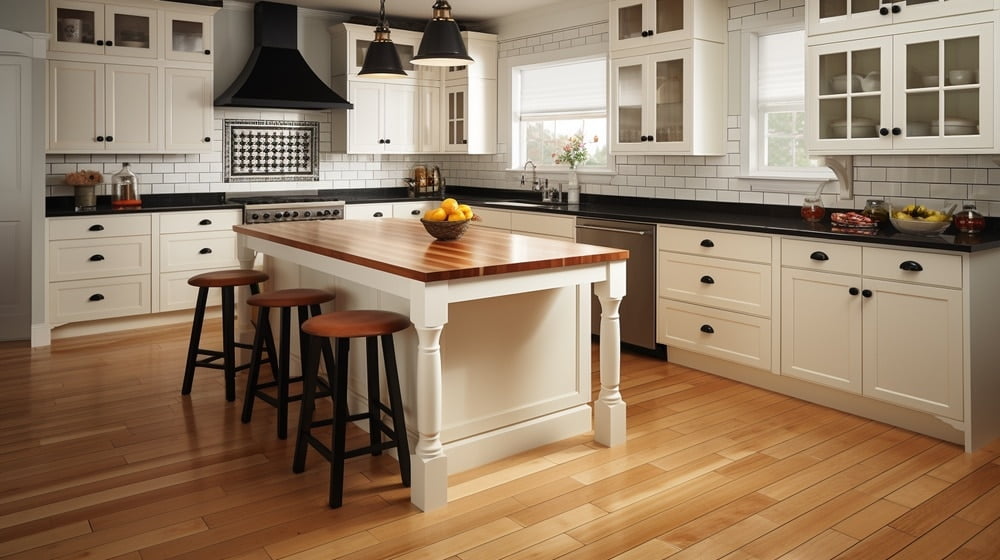 wooden floor kitchen with white shaker cabinets