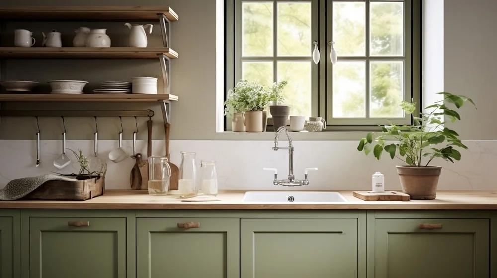 Light green kitchen cabinets with windows as backsplash and white countertop