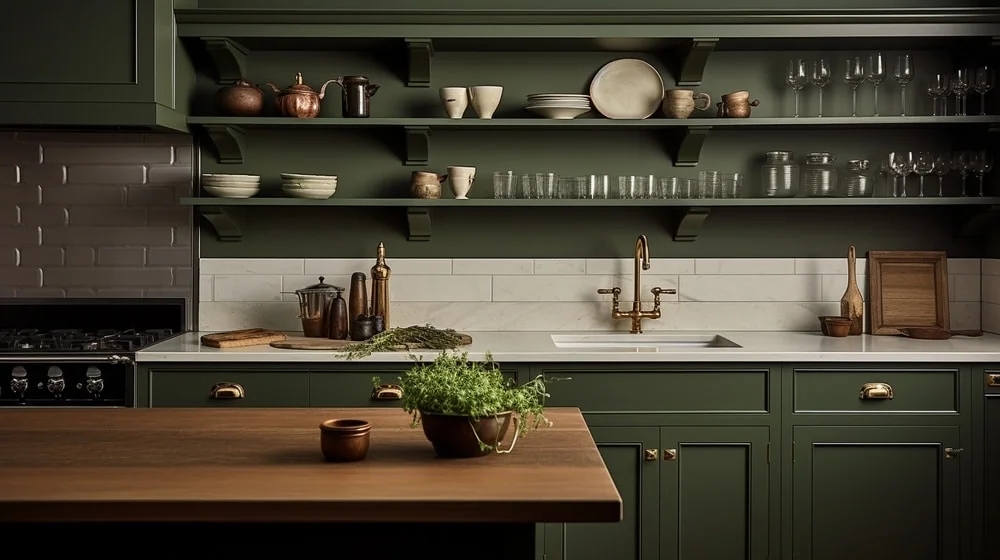 dark olive green kitchen with marble countertop and wooden island