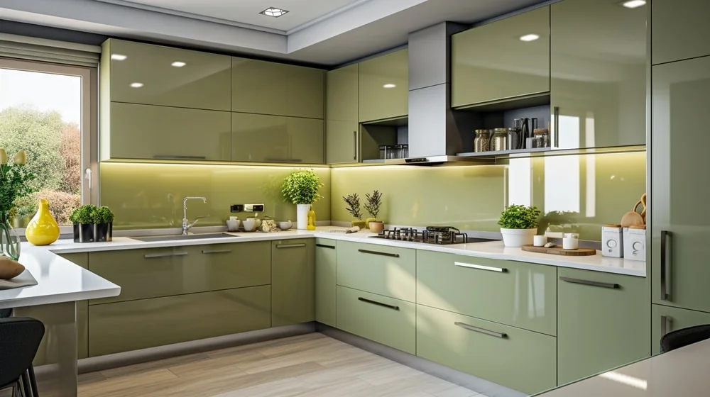 light green glossy kitchen cabinets with wooden floor and white countertop with appliances