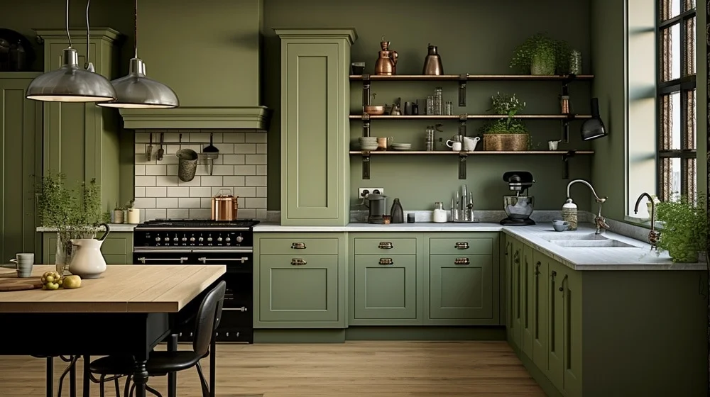 olive green kitchen cabinets with green wall kitchen and marble countertop