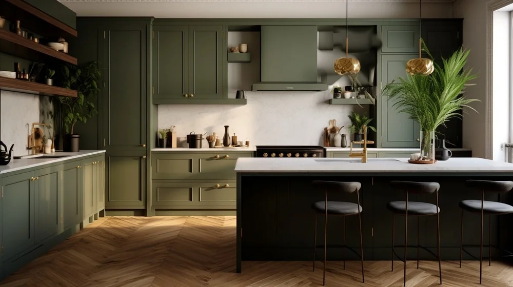 olive green kitchen with dark island and wooden laminated flooring