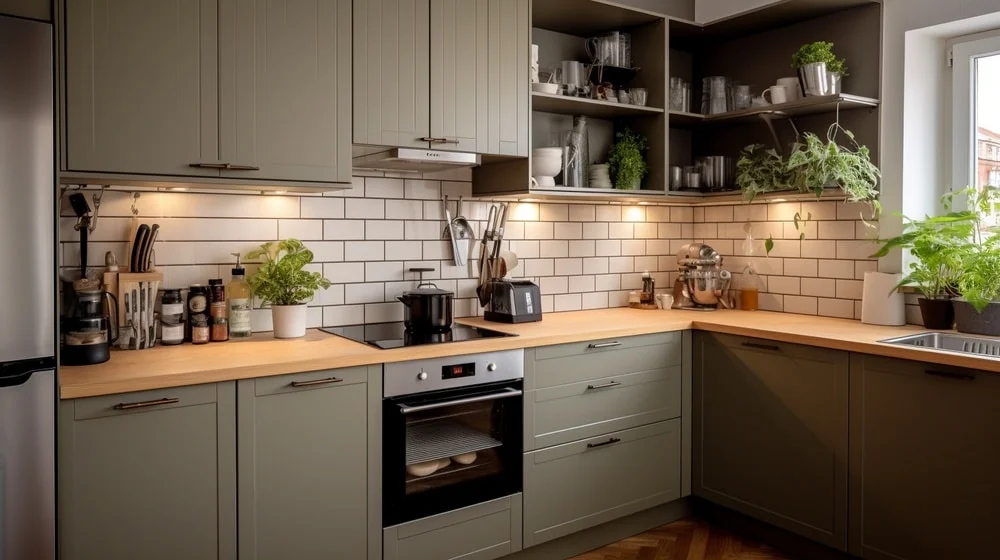 pale green kitchen cabinets with wooden counter and plant as a decoration