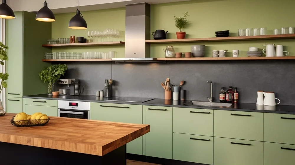 kitchen with olive green cabinets and drawers, dark countertop