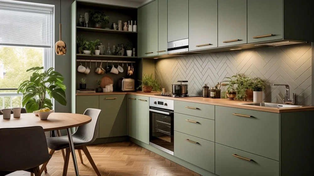 olive green kitchen cabinets with wooden accents and wooden laminated floor