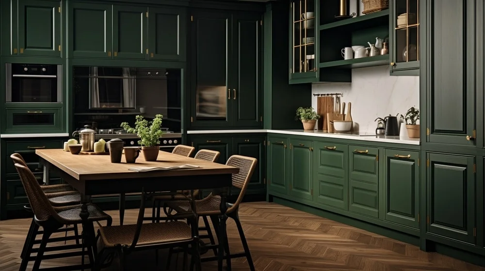 dark green kitchen cabinets in wooden floor kitchen