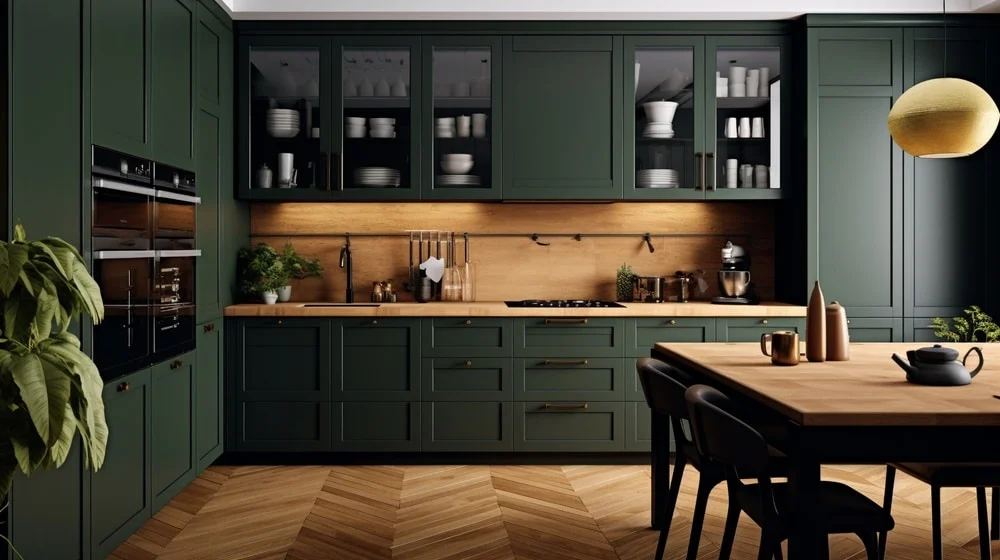 dark green kitchen with tiled wooden flooring