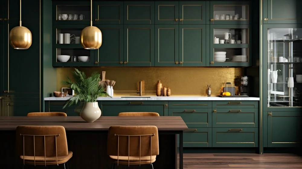 dark green kitchen cabinets with golden backsplash and accents