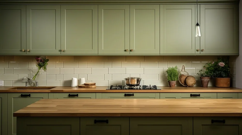 olive green kitchen cabinet ideas with wooden counter and plants
