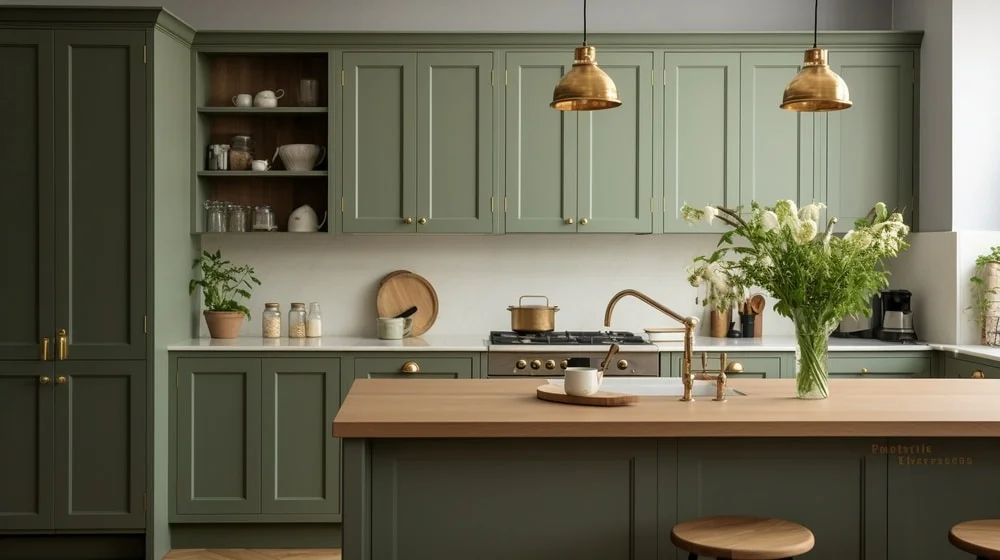 green kitchen cabinets and wood counter island