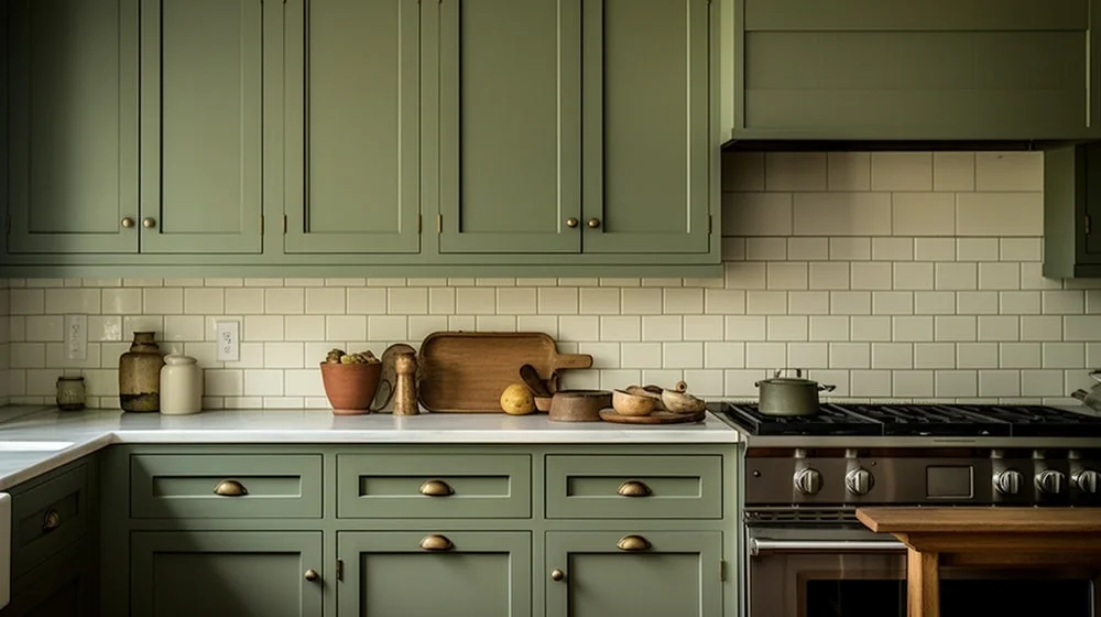 retro style olive green kitchen with white countertop