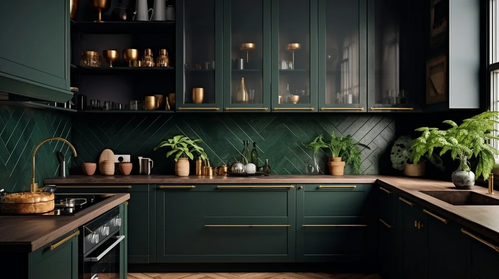 dark green kitchen cabinets with golden accents