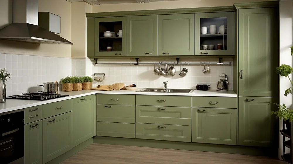 olive green kitchen design with white countertop and steel appliances