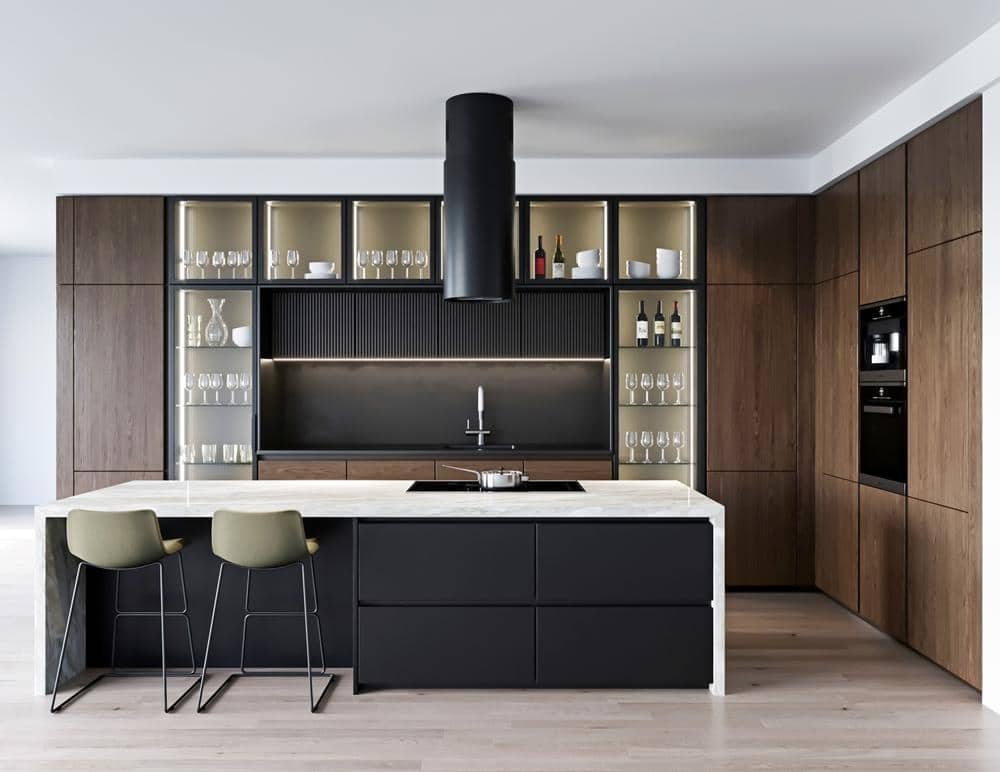 moern espresso kitchen cabinets with glass inserts and black island