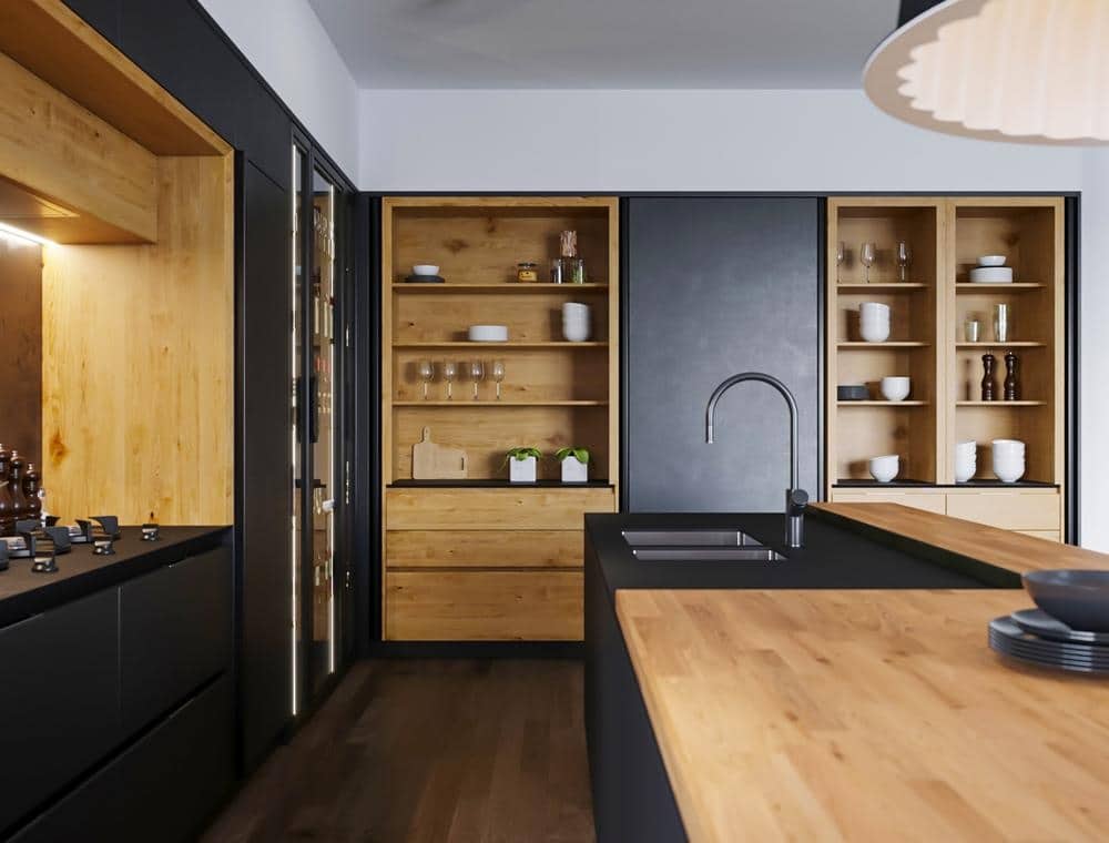 17 Modern Black Kitchen Cabinet Ideas for Bold and Beautiful Spaces 1 modern black cabinet kitchen with wooden accents and island counter