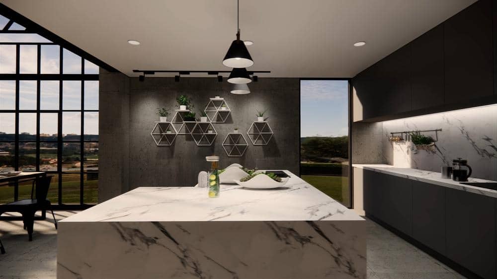 well lighted kitchen with black cabinets and white marble island