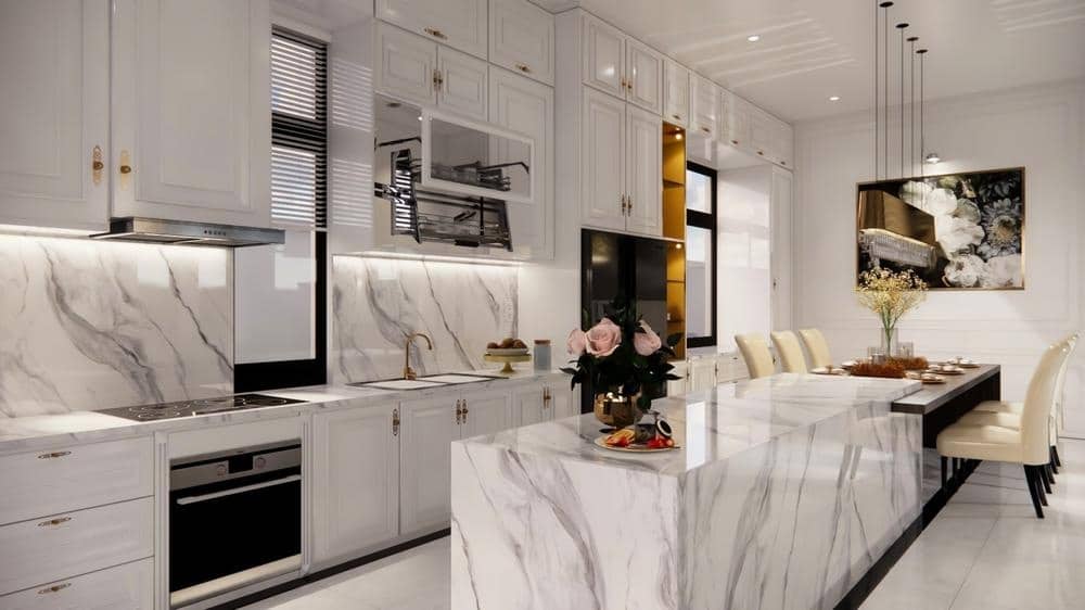 white luxury kitchen with marble island and counter